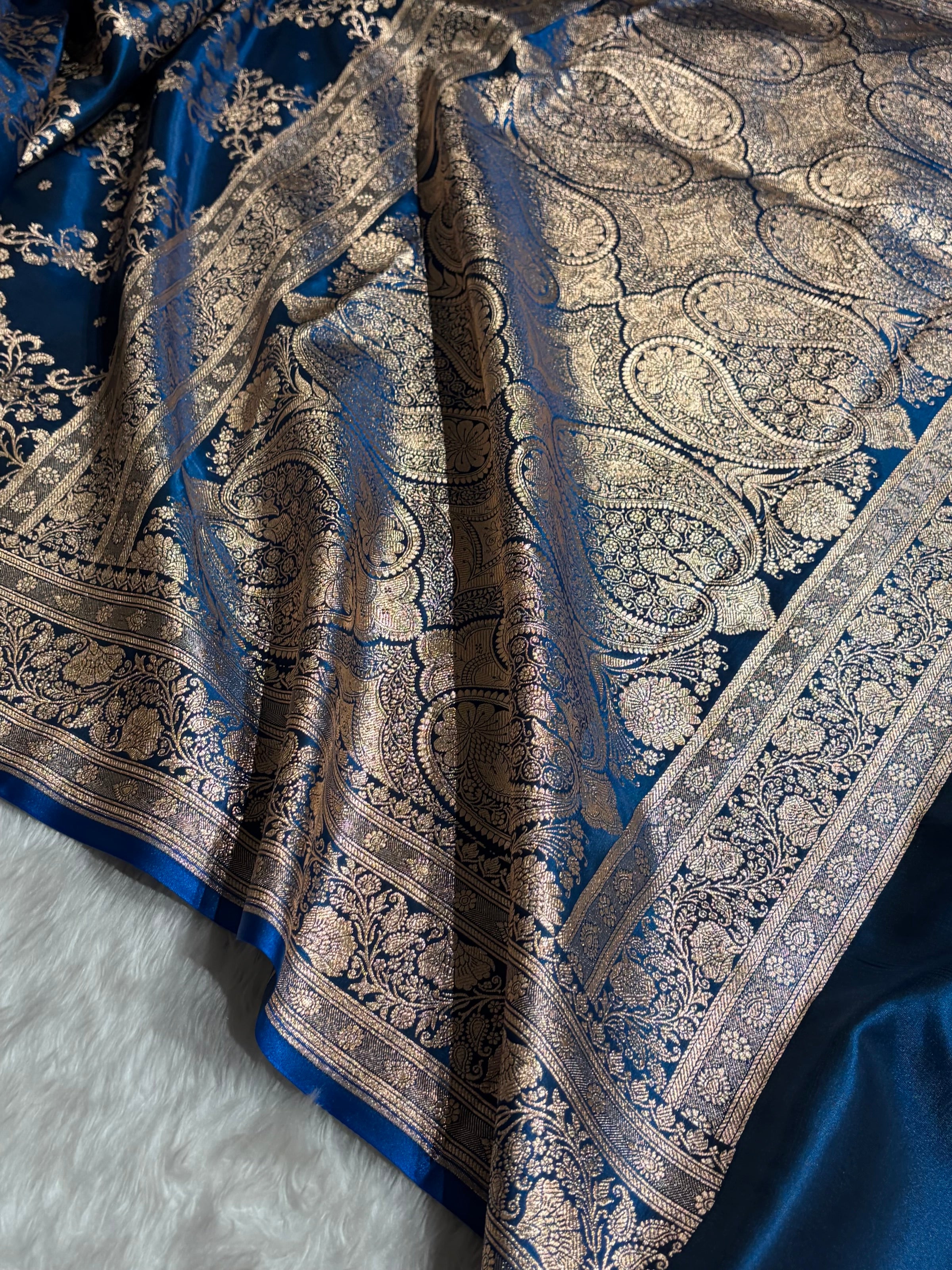 German Blue Shades Jaal Pattern Banarasi Satin Silk Saree SS48