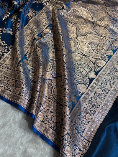 German Blue Shades Jaal Pattern Banarasi Satin Silk Saree SS48