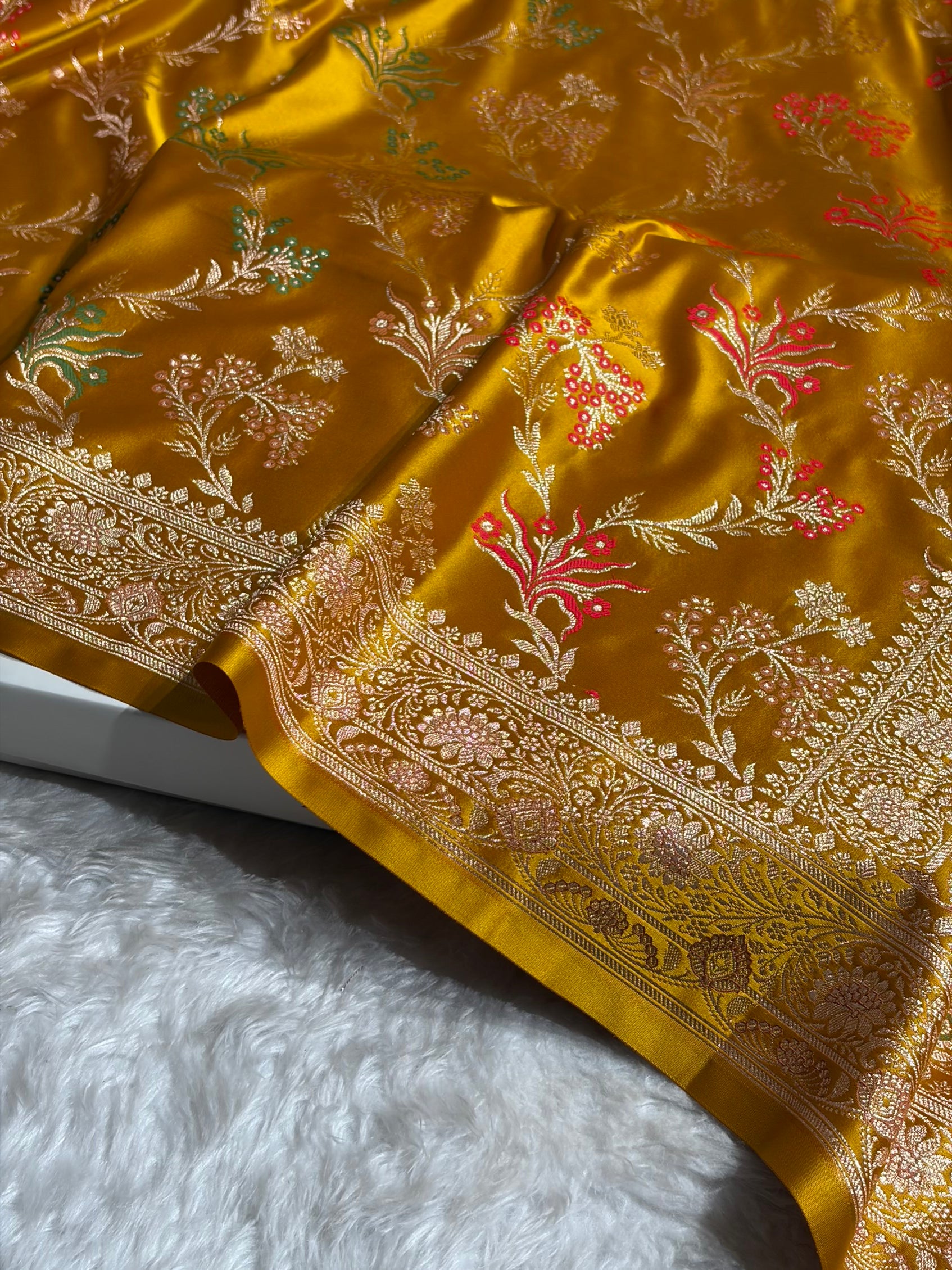 Banarasi Satin Katan Saree Floral Minakari Jaal Pattern in Mustard Shades SK151