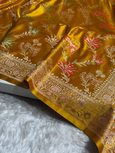 Banarasi Satin Katan Saree Floral Minakari Jaal Pattern in Mustard Shades SK151