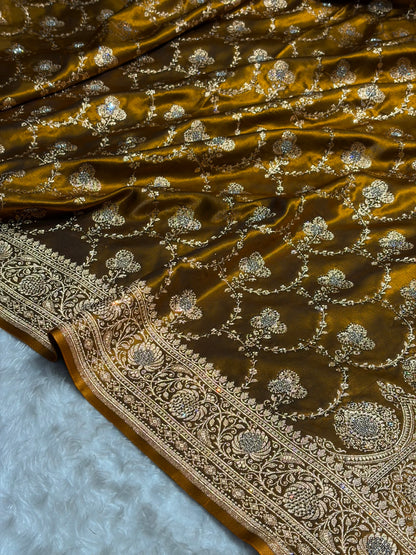 Satin Silk Saree Banarasi Swarovski Work Jaal in Mehendi Shades BSS23 (R)