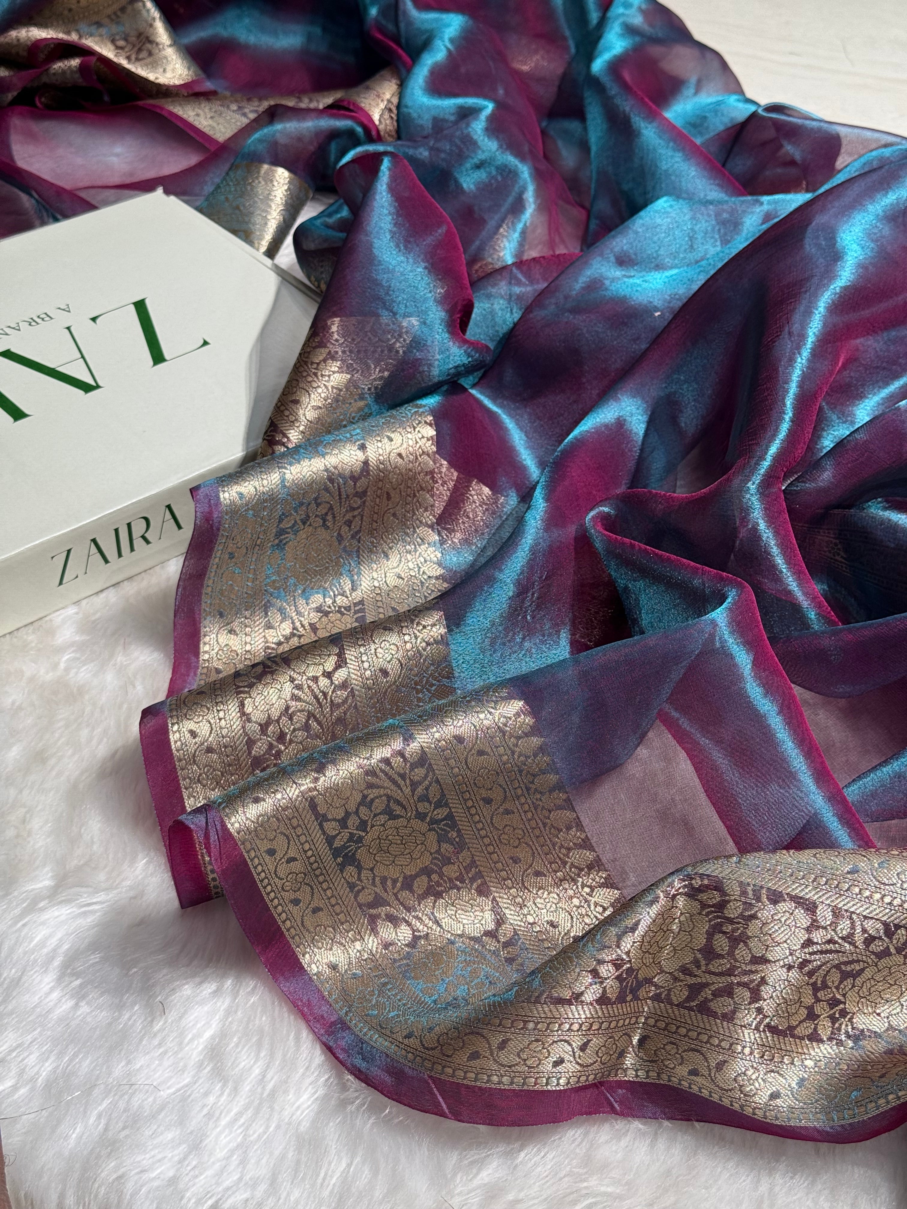 Purple Magenta Blue Shades Pure Tissue Silk Saree with Brocade Blouse PT-08