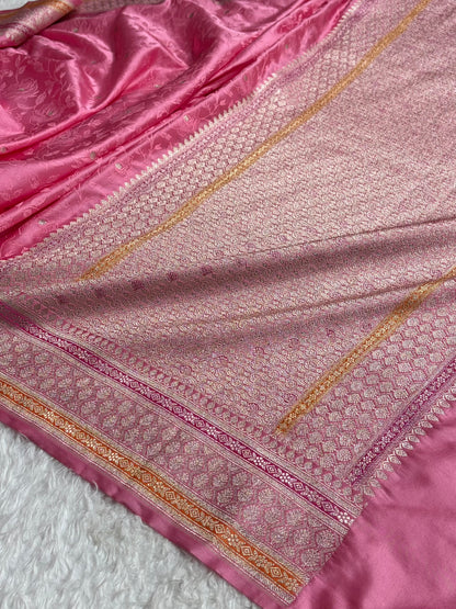 Baby Pink Shades Minakari Tanchoi Floral Booti Mashru Silk Saree MS59
