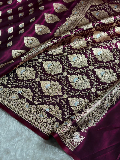 Banarasi Wine Shades Minakari Booti Pattern Banarasi Satin Silk Saree SS60