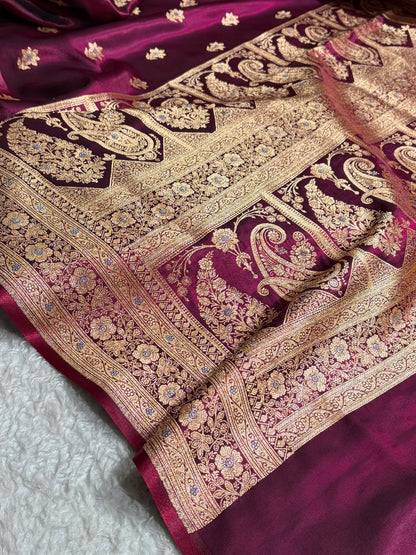 Wine Shades Minakari Boota Pattern Banarasi Satin Silk Saree SS44