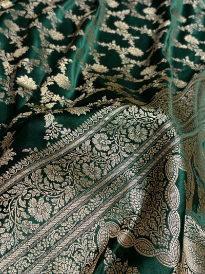 Banarasi Satin Katan Saree Floral Jaal Pattern in Dark Bottle Green Shades SK144