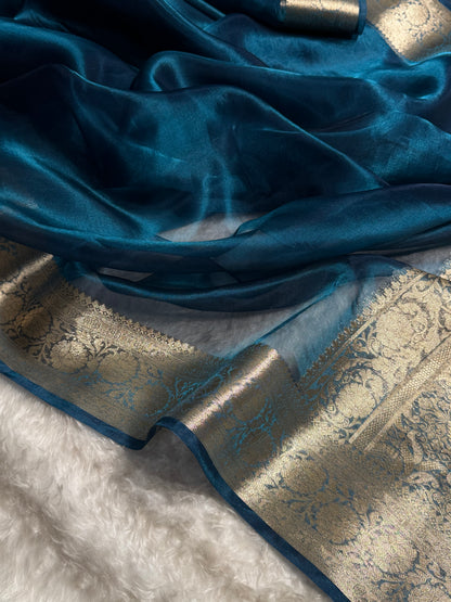 German Blue Shades Pure Tissue Silk Saree with Brocade Blouse PT-18