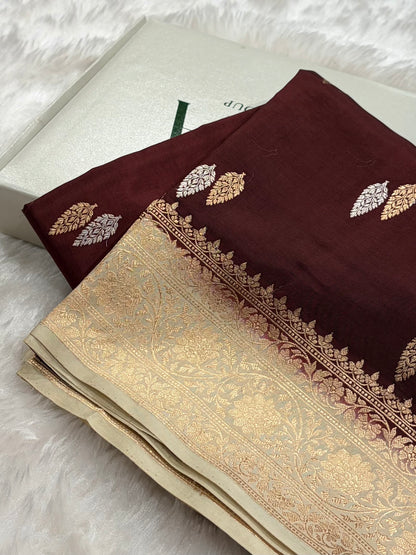 Banarasi Chocolate With Cream Contrast Shades  Boota Handwoven Pure Katan Paper Silk RM-76