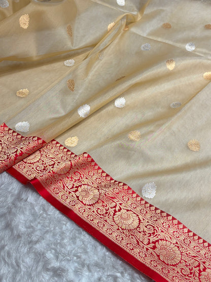Contrast Pure Banarasi Organza Tusser With Red Floral Banarasi Silk Saree PO-11