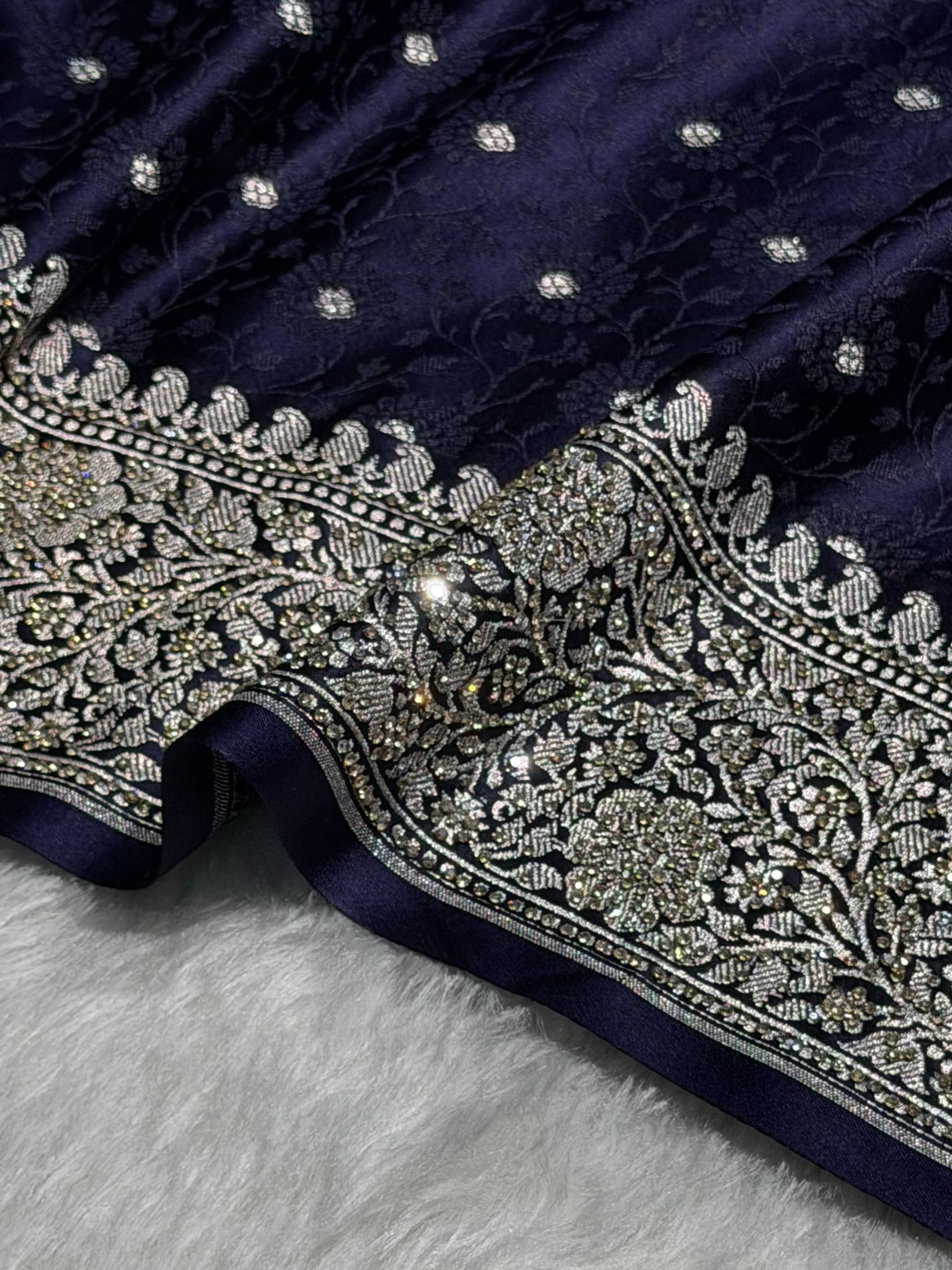 Navy Blue Shades Booti Tanchoi With White Swarovski Work Mashru Silk Saree BMS49