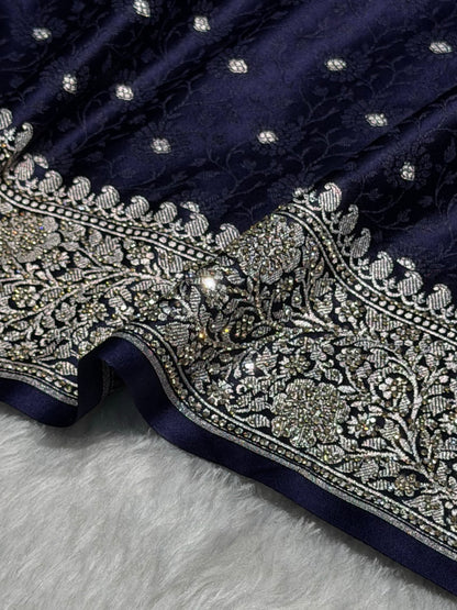 Navy Blue Shades Booti Tanchoi With White Swarovski Work Mashru Silk Saree BMS49