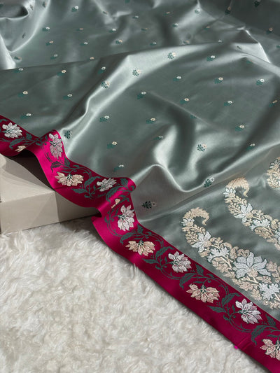 Contrast Grey With Rani Floral Boota With Floral Border Mashru Silk Saree MSM-78