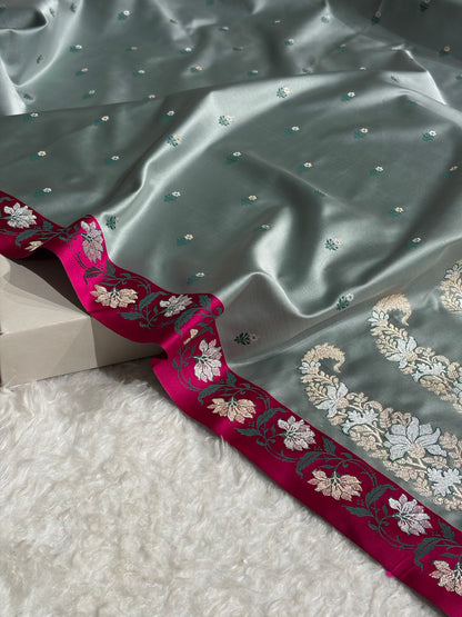 Contrast Grey With Rani Floral Boota With Floral Border Mashru Silk Saree MSM-78
