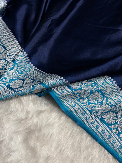 Contrast Navy Blue with Firozi Border Plain Mashru Silk Saree MS22