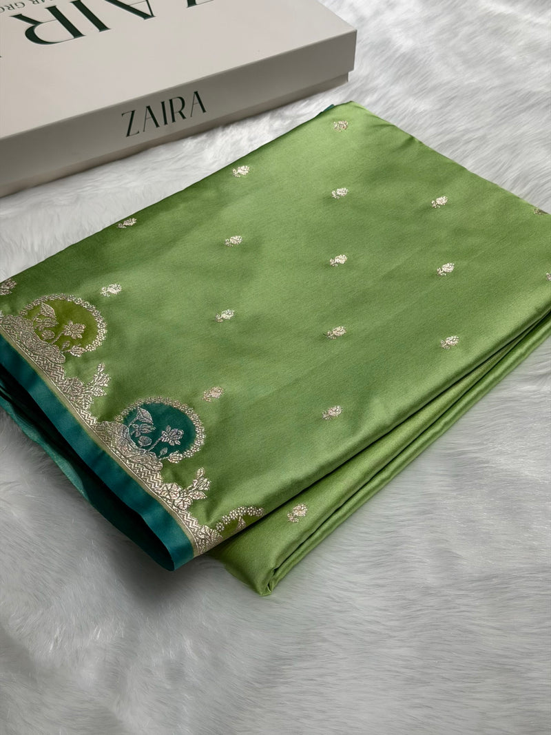 Banarasi Pista Shades With Minakari Floral Mashru Silk Saree MS91