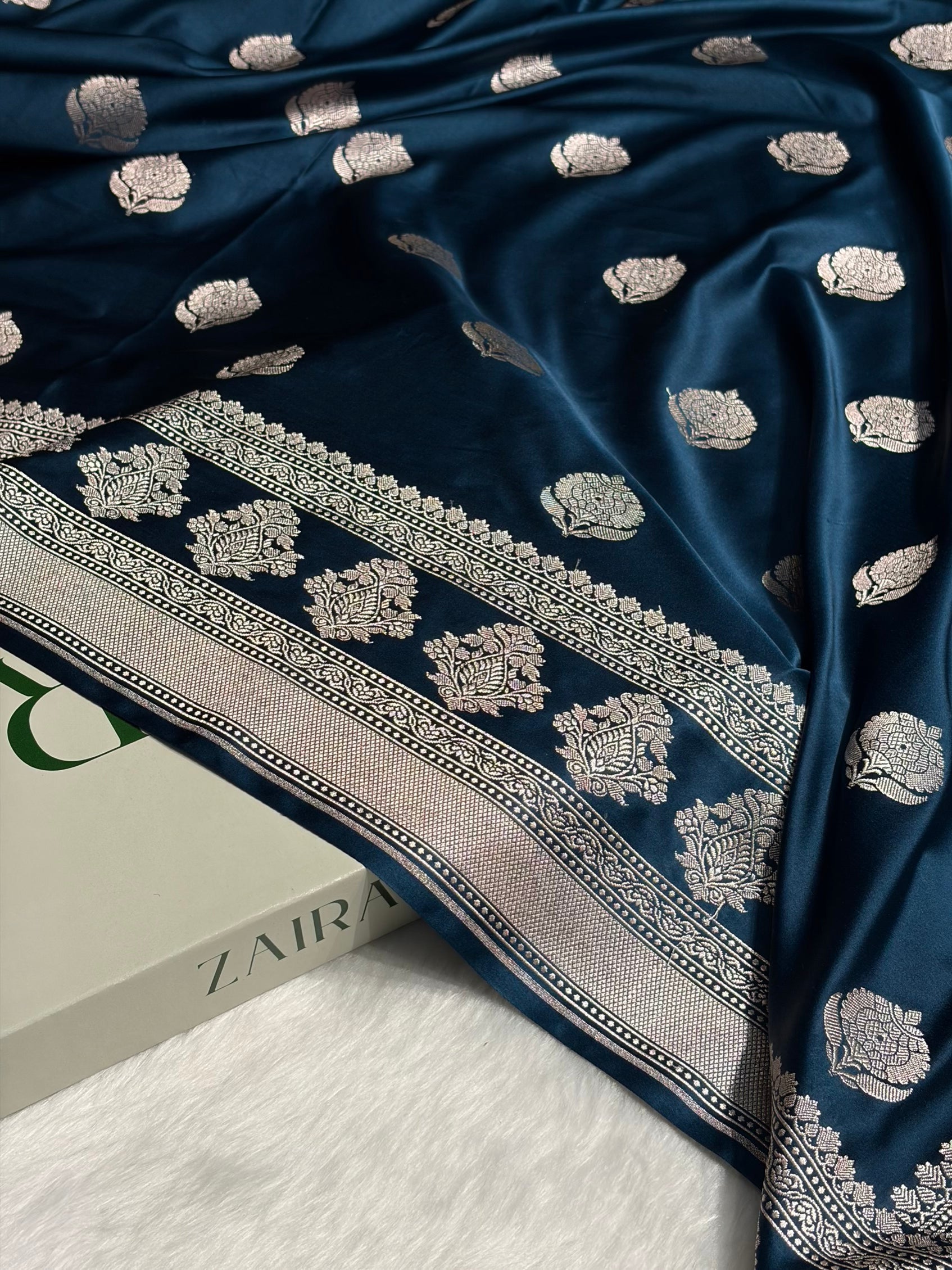 German Blue Boota Motif Mashru Silk Saree MS43