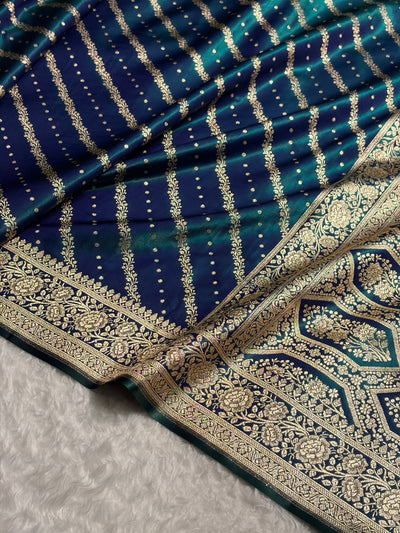 Banarasi Peacock Shades Cross Pattern Banarasi Satin Silk Saree SS61