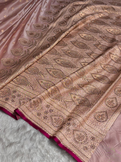 Rose Gold Swarovski Work Booti Satin Katan Silk Saree BSK10 (W)