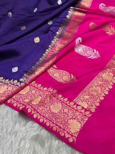 Contrast Purple With Rani Boota Handwoven Pure Katan Paper Silk RM-33