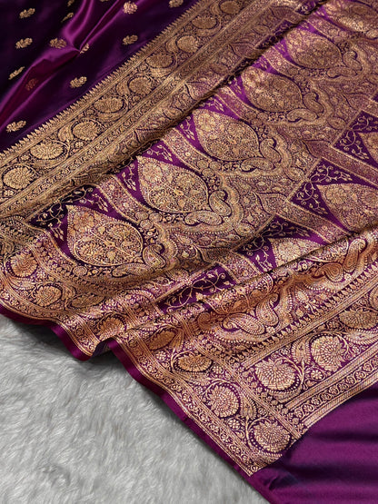 Dark Magneta Floral Boota Pattern Satin Katan Silk Saree SK71