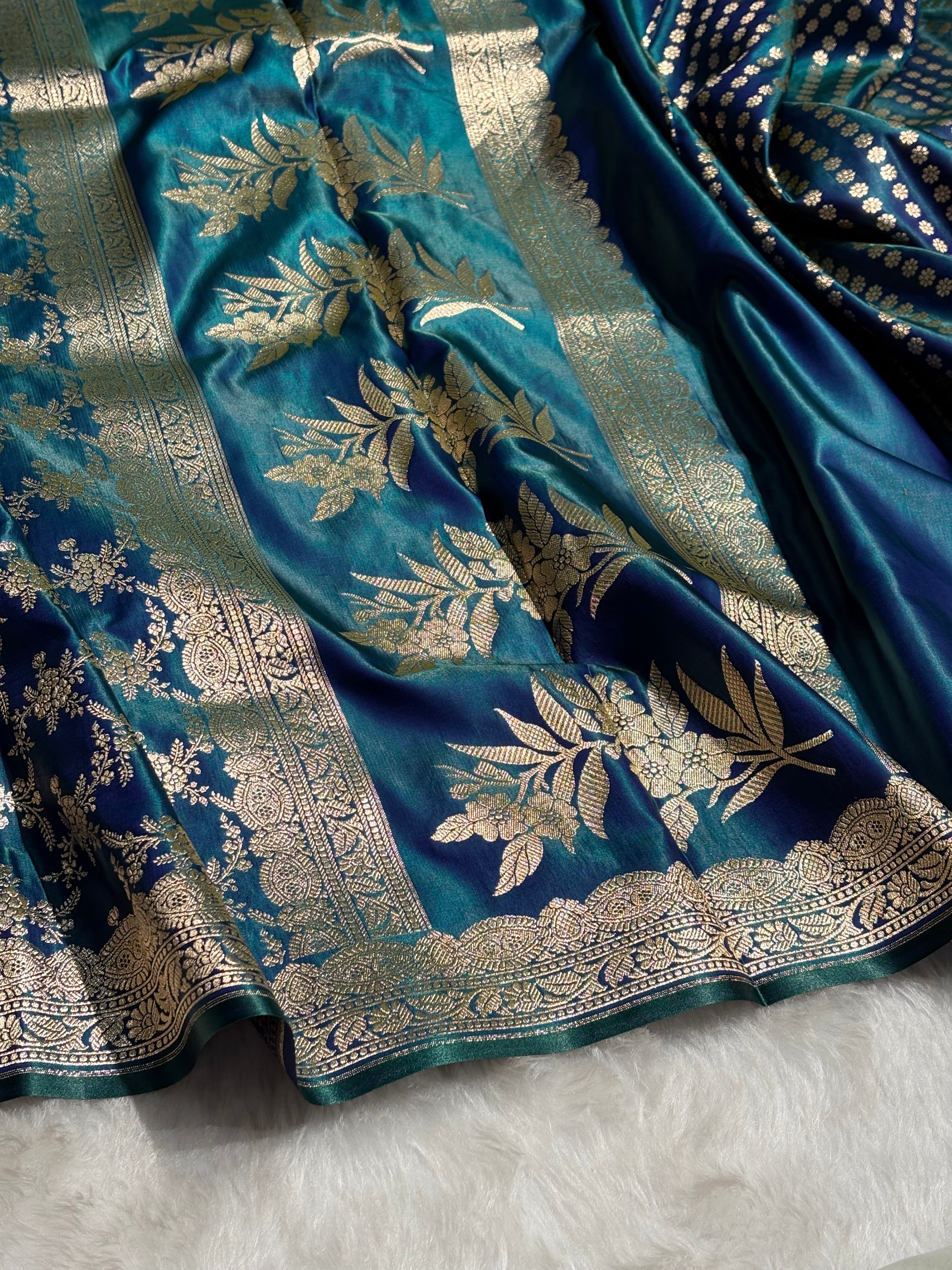 Light Wight Satin Silk Jaal in Peacock Shades with brocade Blouse SS16
