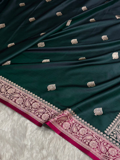 Contrast Dark Bottle Green / Rani Shades Banarasi Booti Pattern Mashru Silk Saree MSM-140