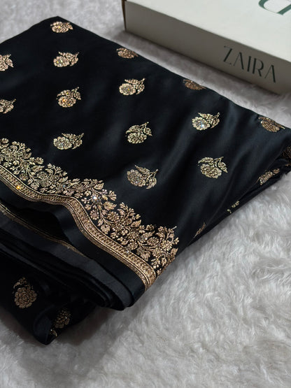 Banarasi Black Floral Booti With Swarovski Work Katan Silk Saree BSK23