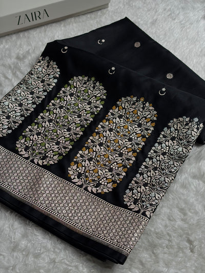 Black Shades Banarasi With Floral Minakari Pattern Mashru Silk Saree MSM-131