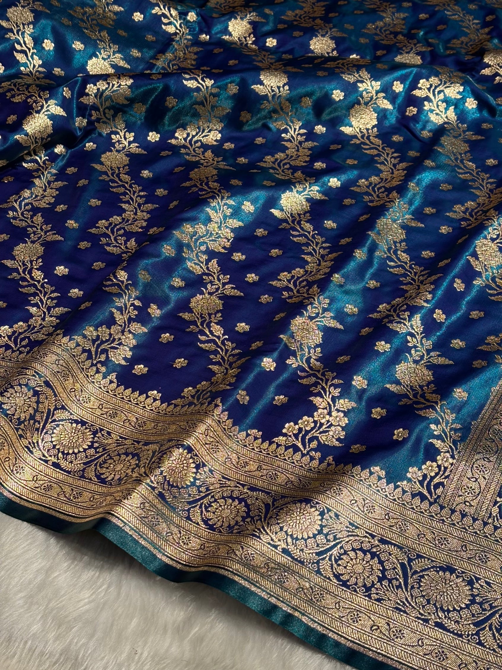 Satin Silk Saree Cross with Booti in Peacock Shades SS24