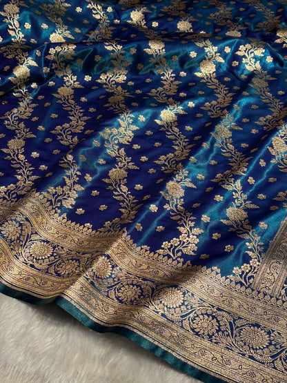 Satin Silk Saree Cross with Booti in Peacock Shades SS24