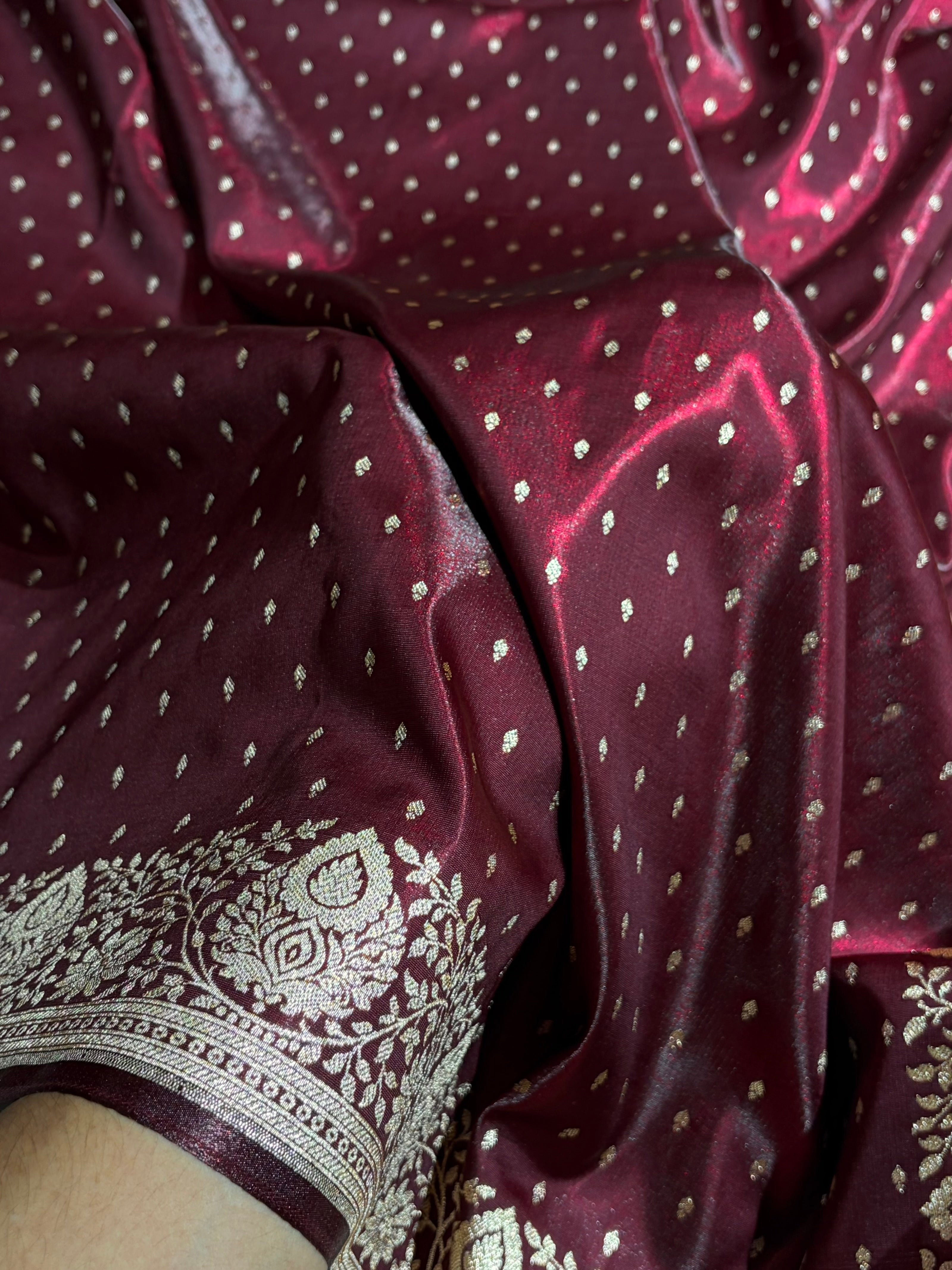 Satin Silk Saree Floral Boota in Garnet Shades SS28
