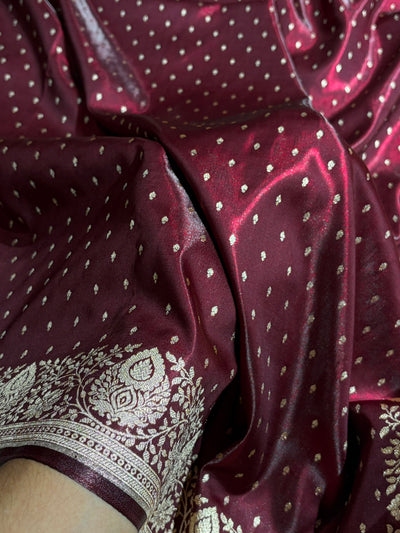 Satin Silk Saree Floral Boota in Garnet Shades SS28