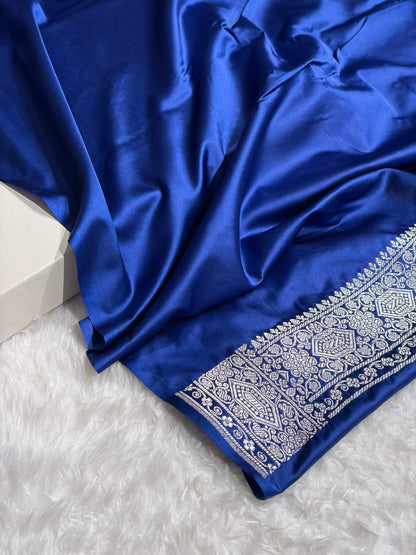Banarasi Cross Pattern in Royal Blue Shades Floral Mashru Silk Saree MS93