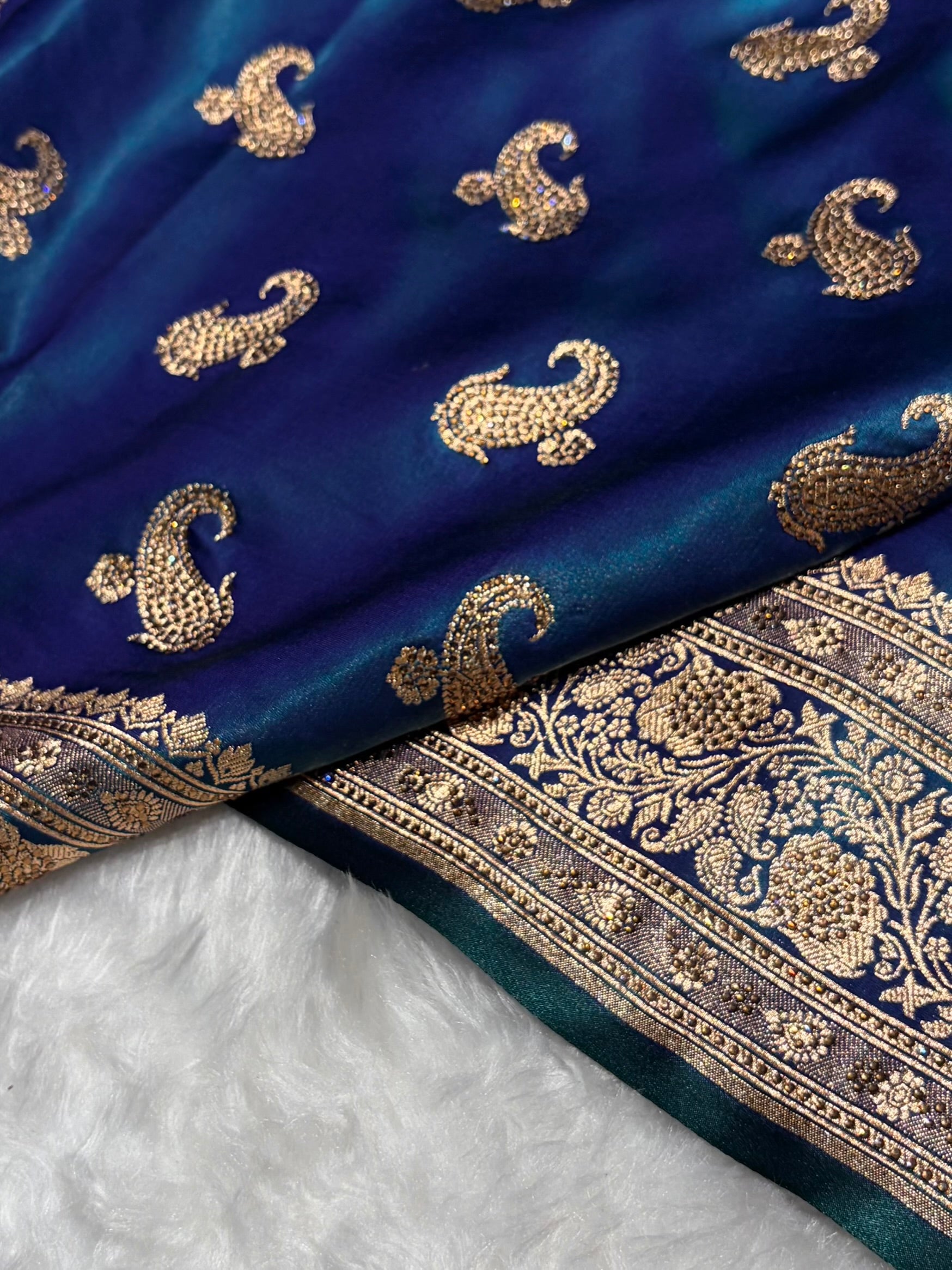 Satin Silk Saree Swarovski Work Floral Boota in Peacock Shades BSS27
