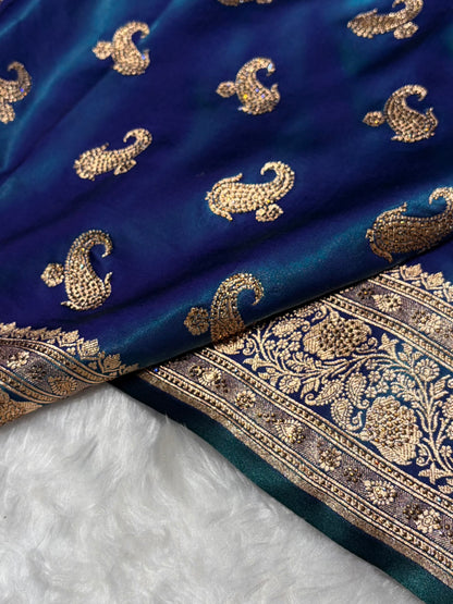 Satin Silk Saree Swarovski Work Floral Boota in Peacock Shades BSS27