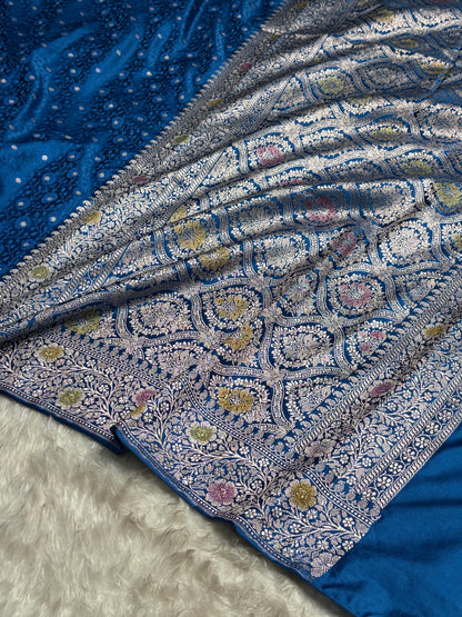 Royal Blue Shades  Booti Bananasi Minakari Tanchoi Mashru Silk Saree MS49