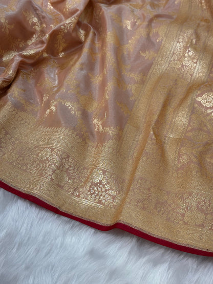Dusty Peach Shades Satin Silk Jaal Pattern Banarasi Saree
