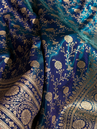 Peacock Shades Jaal Pattern Banarasi Satin Silk Saree SS55