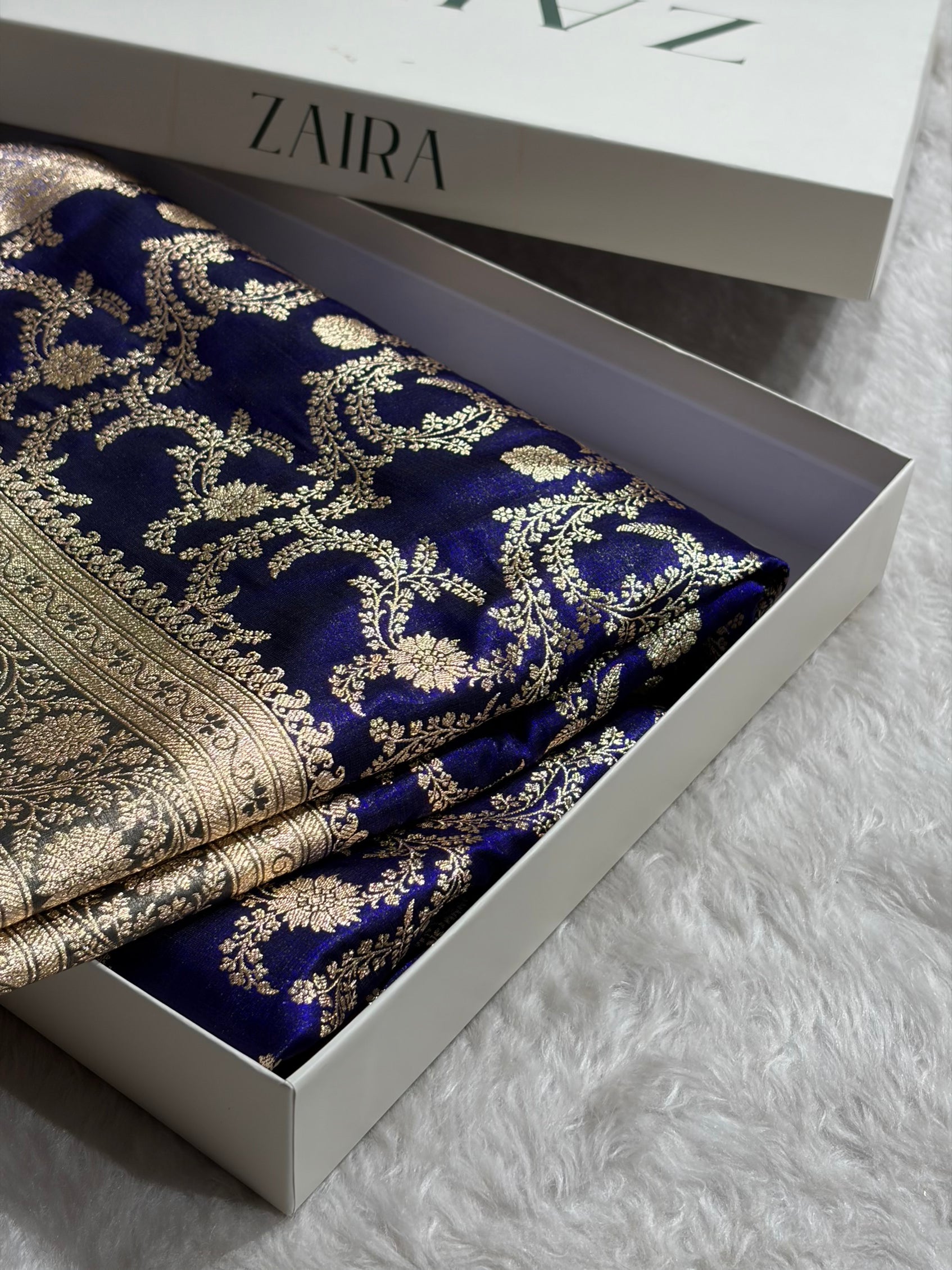 Royal Blue Contrast Beige Shades Jaal Pattern Banarasi Satin Silk Saree SS47