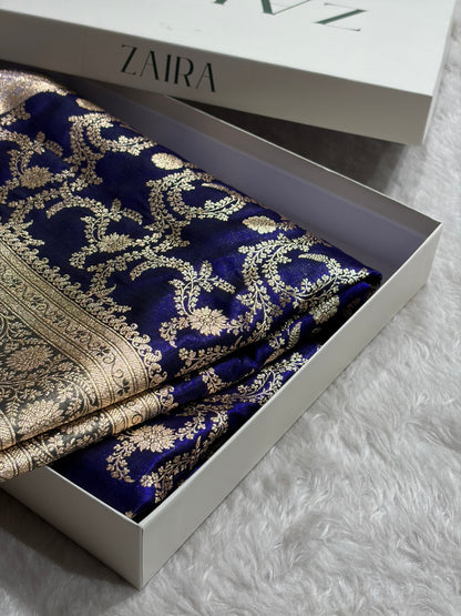 Royal Blue Contrast Beige Shades Jaal Pattern Banarasi Satin Silk Saree SS47
