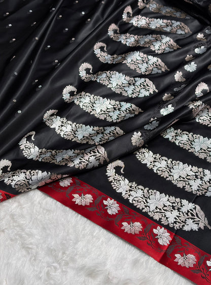 Contrast Black With Red Floral Boota With Floral Border Mashru Silk Saree MSM 78