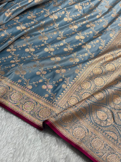 Banarasi Pastel German Blue Shades Cross Satin Katan Silk Saree SK17