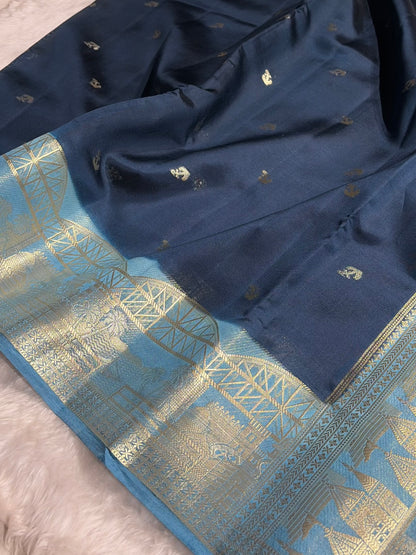 Banarasi Navy Blue With Firozi Contrast Shade Flower Boota Pure Caramel Mango Silk Saree CS-18