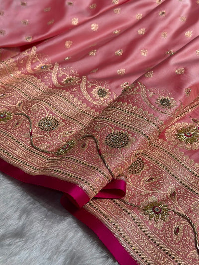 Banarasi Satin Katan Silk Saree With Ari Zardozi And Swarovski Work In Baby Pink Shades BSK08