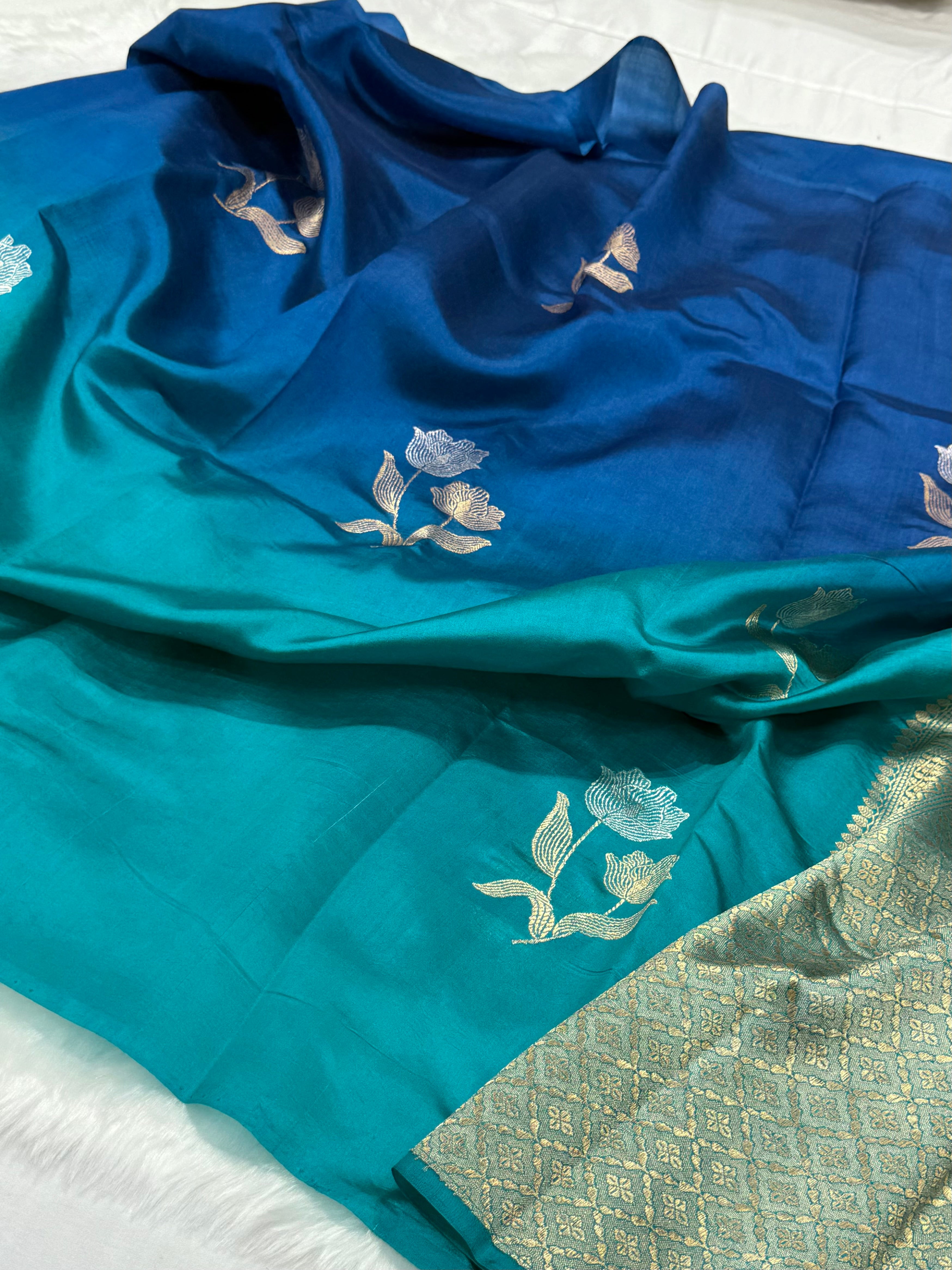 Royal Blue Ombré - Peacock Shades Meena Boota Handwoven Raw Mango Silk RM-35