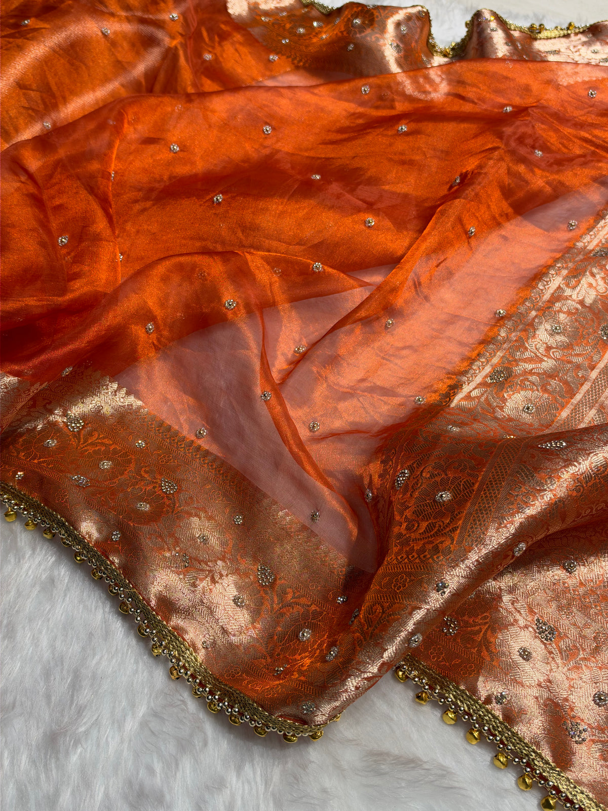 Orange Shades Pure Tissue Silk With Banarasi Swarovski Work Saree X Ghongroo BPGPT-18