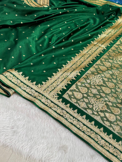 Premium Bottle Green Banarasi Booti Katan Silk Saree