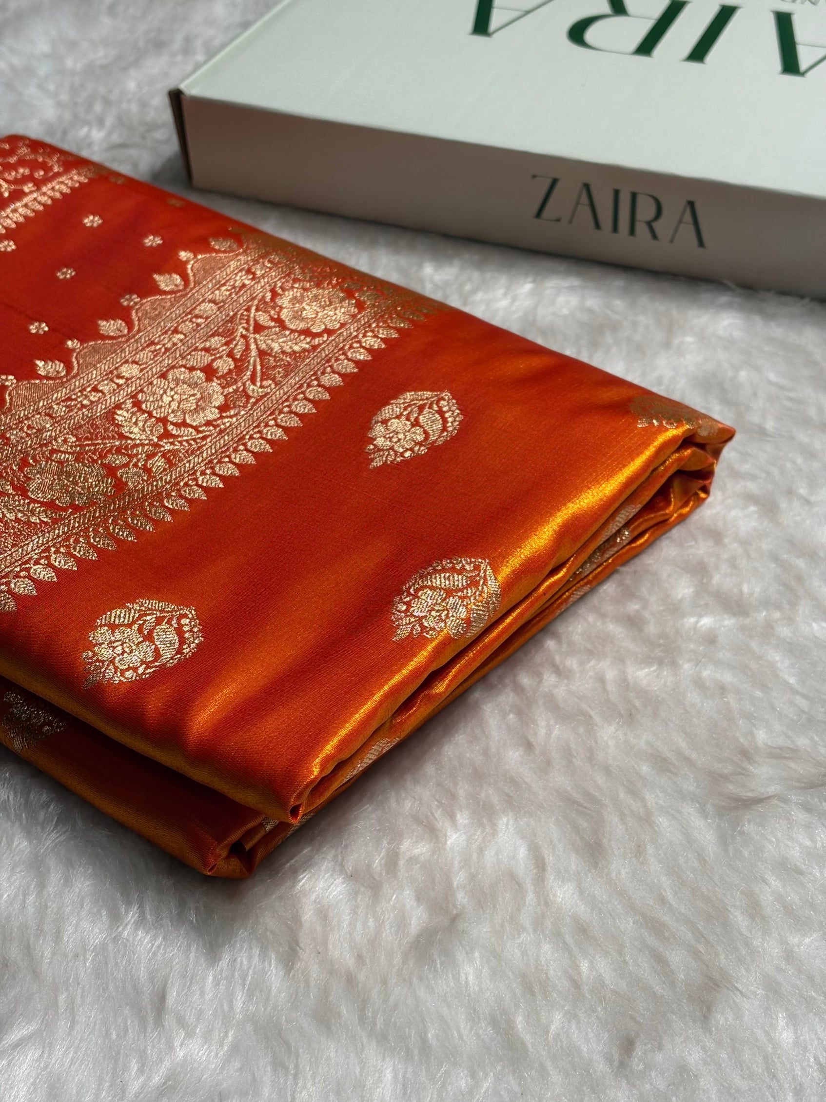 Satin Silk Saree Booti Motif in Orange Shades SS20