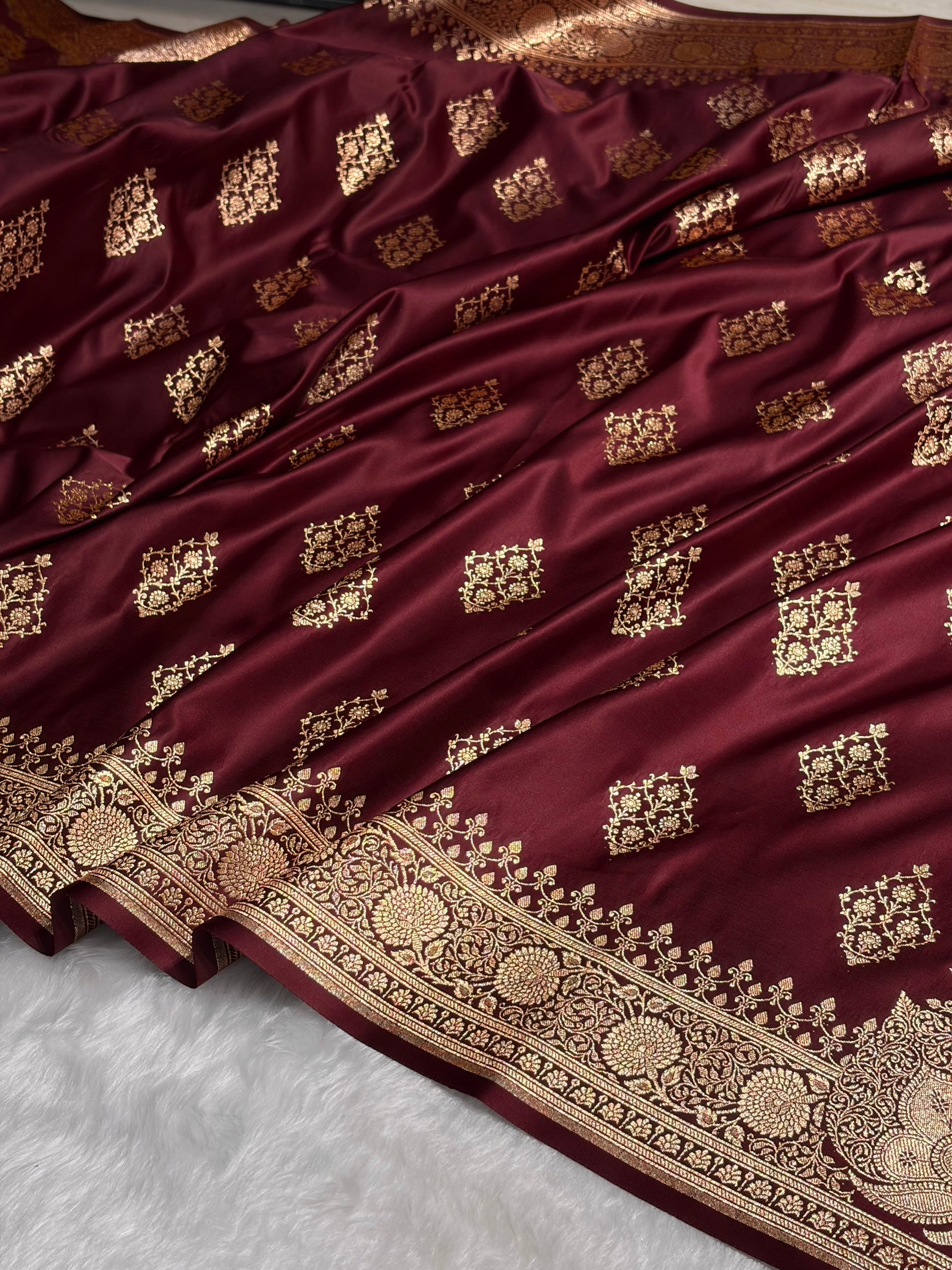 Garnet Floral Boota Satin Katan Silk saree SK35