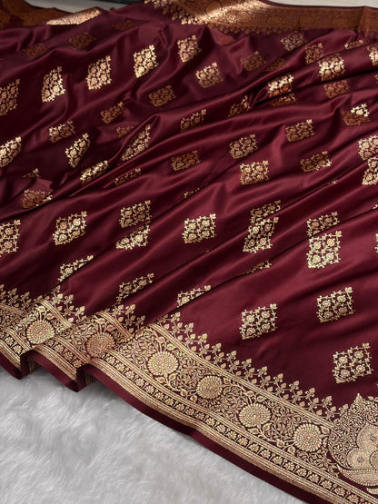 Garnet Floral Boota Satin Katan Silk saree SK35